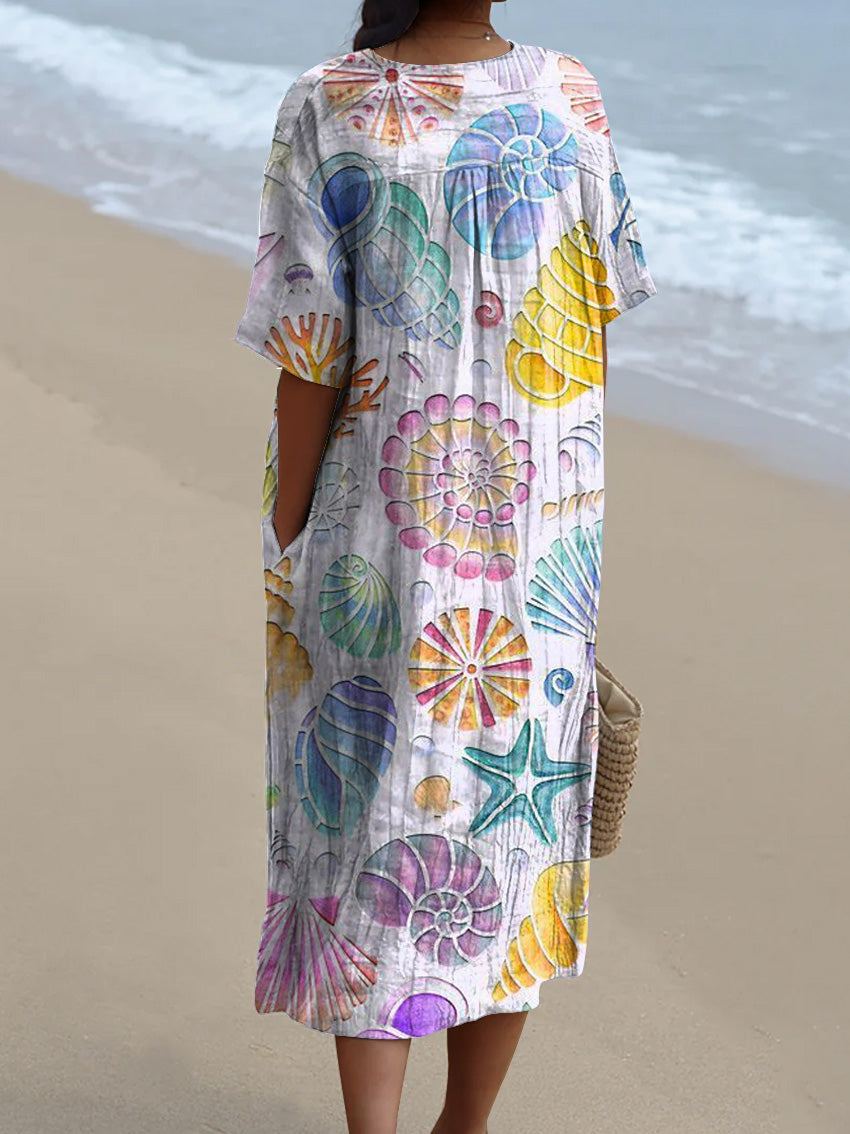 Watercolor Seashell Pattern Printed Women's Flowy Dress