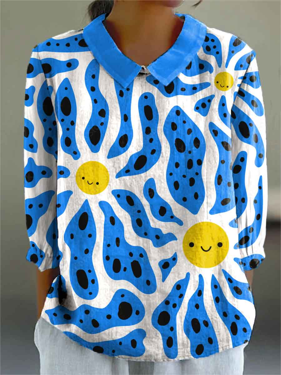 Women's Abstract Floral Pattern Print Casual Cotton And Linen 3/4 Sleeve Shirt