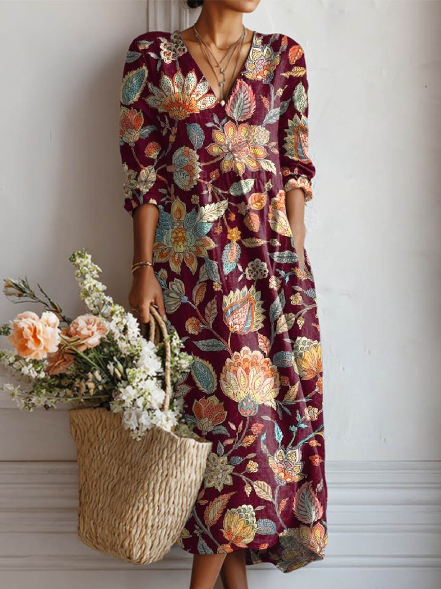 Women's Vintage Floral Art Print Cotton And Linen Pocket Dress