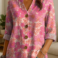 Women's Floral Flowers Pattern Print Casual Cotton And Linen Shirt
