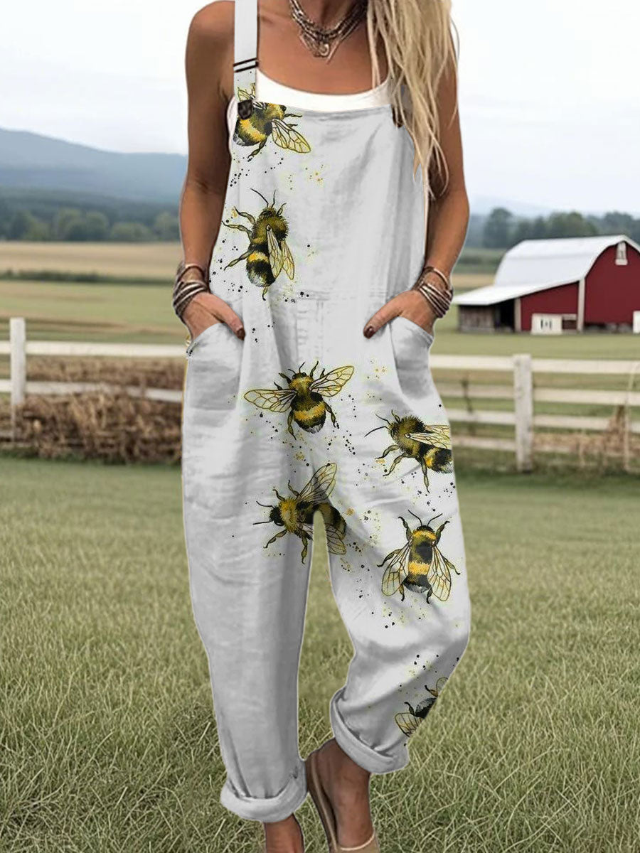 Women's Vintage  Bees  Art Print Casual 100% Cotton Wide Leg Jumpsuit