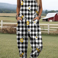 Women's Lovely Bees Plaid Pattern Art Print Casual 100% Cotton Wide Leg Jumpsuit