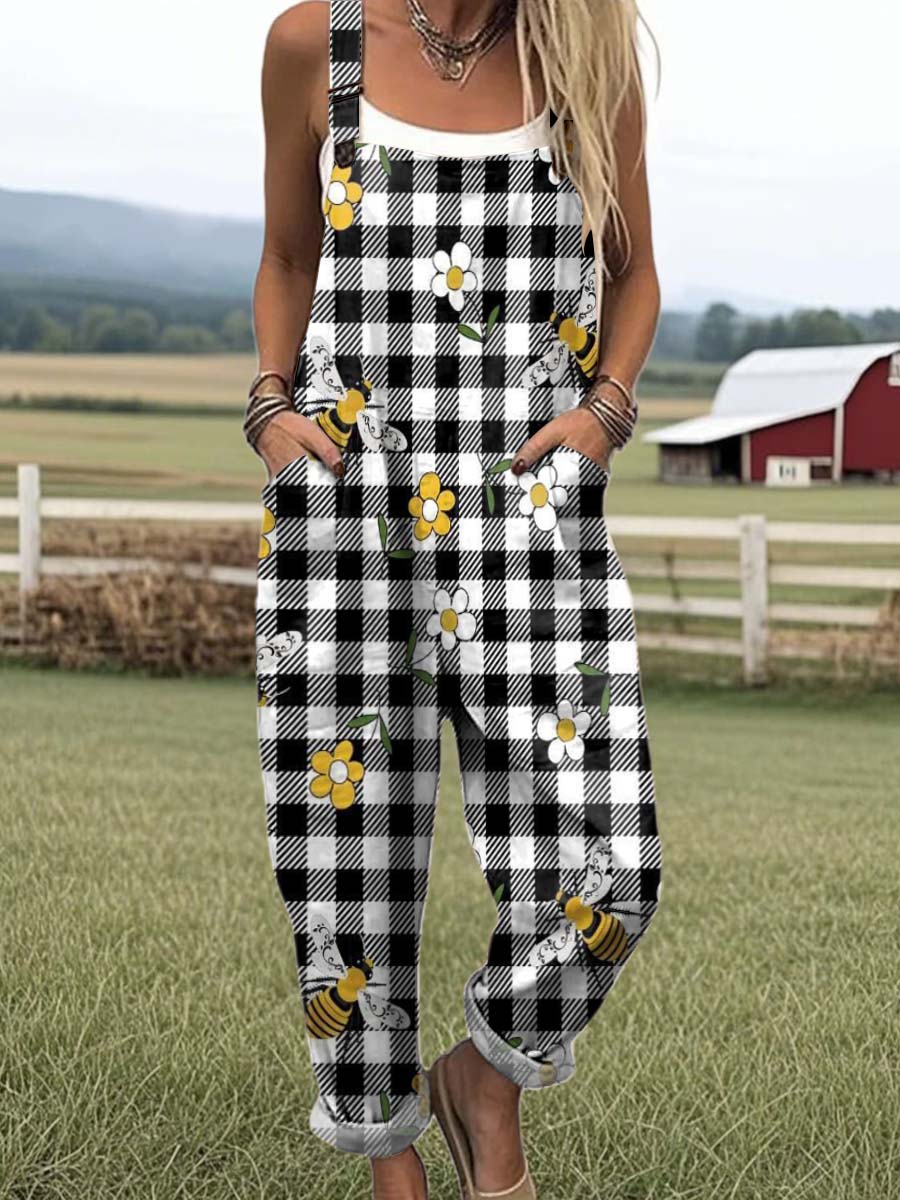Women's Lovely Bees Plaid Pattern Art Print Casual 100% Cotton Wide Leg Jumpsuit