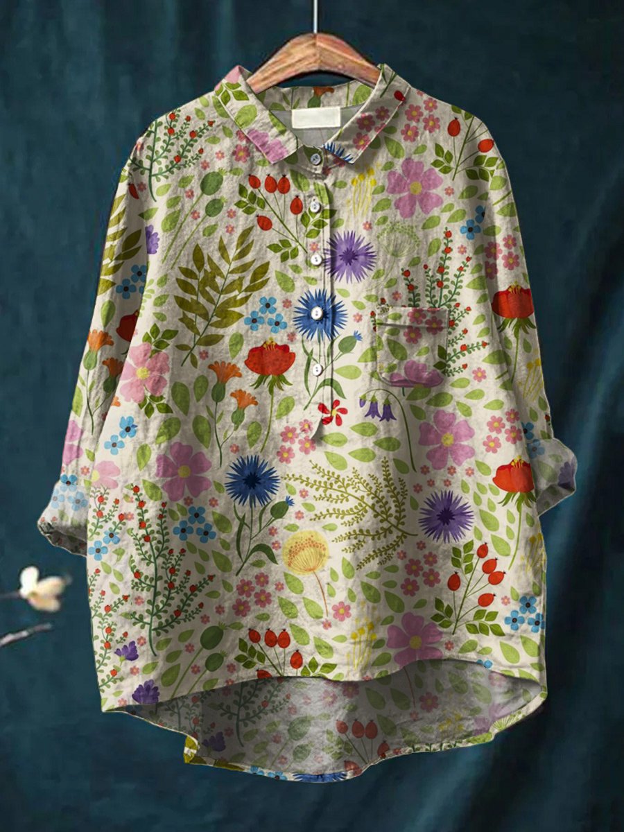 Women's Floral Art Print Casual Cotton And Linen Shirt