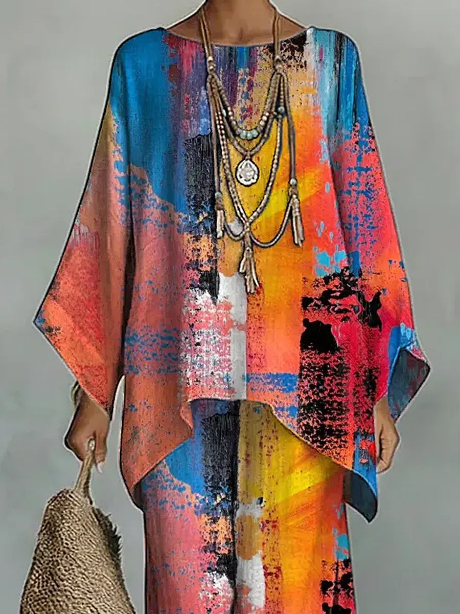 Women's Vintage Art Comfortable Loose Cotton Linen Wide-leg Pants Two-piece Set