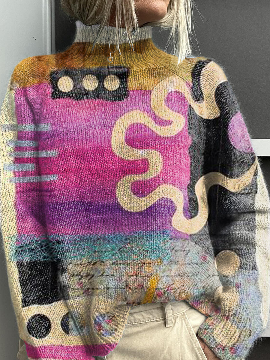 Abstract Playful Patterns Print Knit Turtleneck Pullover Sweater