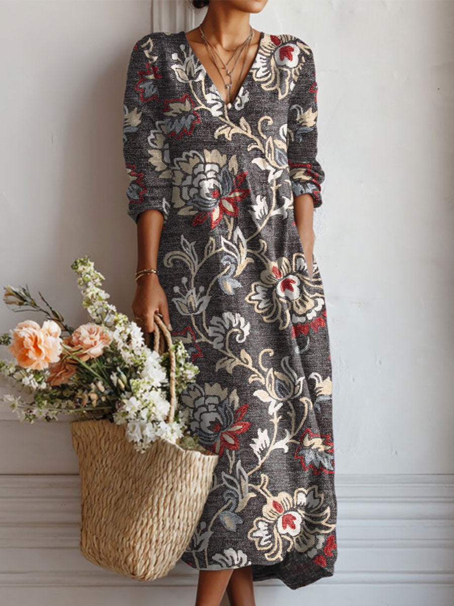 Women's Vintage Flower Art Print Linen Pocket Tunic Dress