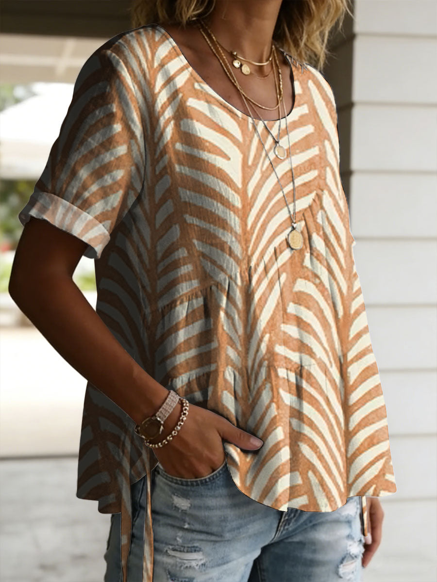 Women's Vintage Floral Pattern Casual Art Print Round Neck Cotton Linen Loose Short-sleeved Shirt