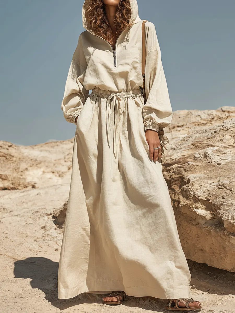 Women's Retro Hooded Zip Art Casual Stylish Cotton Linen Maxi Dress