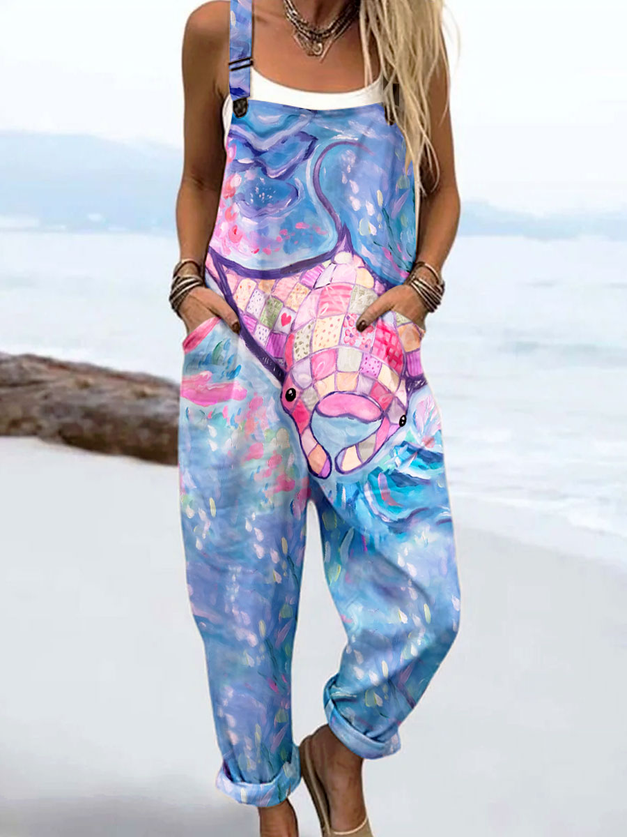 Women's Vintage Abstract Manta Ray Art Print Casual 100% Cotton Wide Leg Jumpsuit