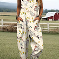 Women's Vintage Chicken Art Print Casual 100% Cotton Wide Leg Jumpsuit