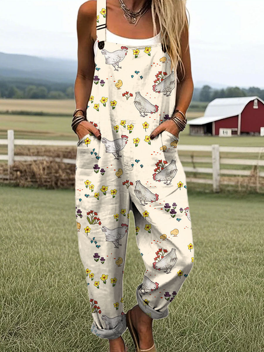 Women's Vintage Chicken Art Print Casual 100% Cotton Wide Leg Jumpsuit