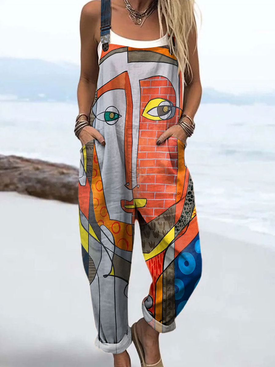 Women's Colorful Abstract Realistic Face Art Print Casual 100% Cotton Wide Leg Jumpsuit