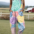 Women's Colorful Circular Geometric Lines Painting Art Print Casual 100% Cotton Wide Leg Jumpsuit