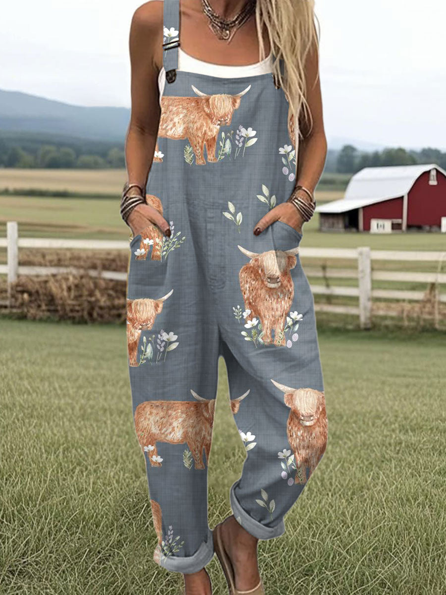 Women's Farm Highland Cattle Flowers Art Print Casual 100% Cotton Wide Leg Jumpsuit