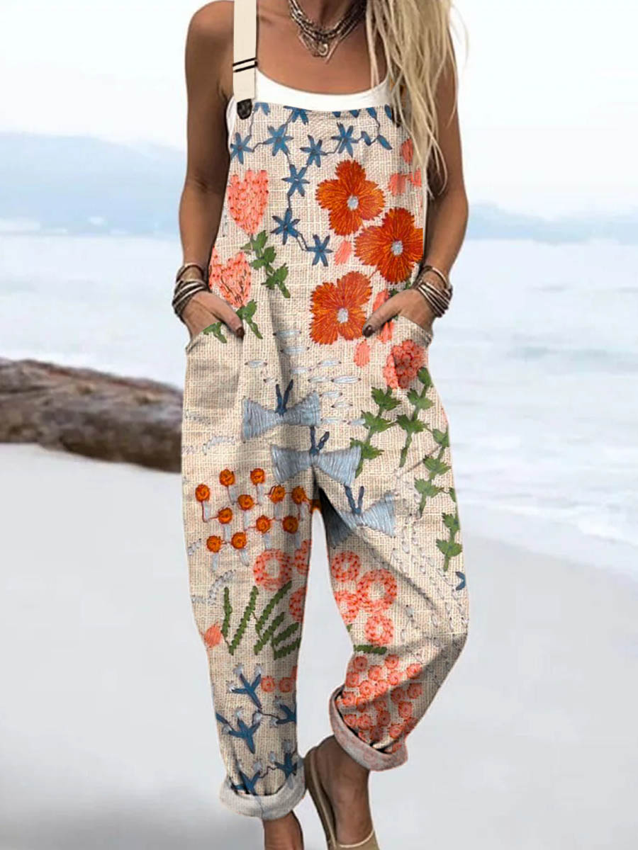 Women's Vintage Floral Art Print Casual 100% Cotton Wide Leg Jumpsuit