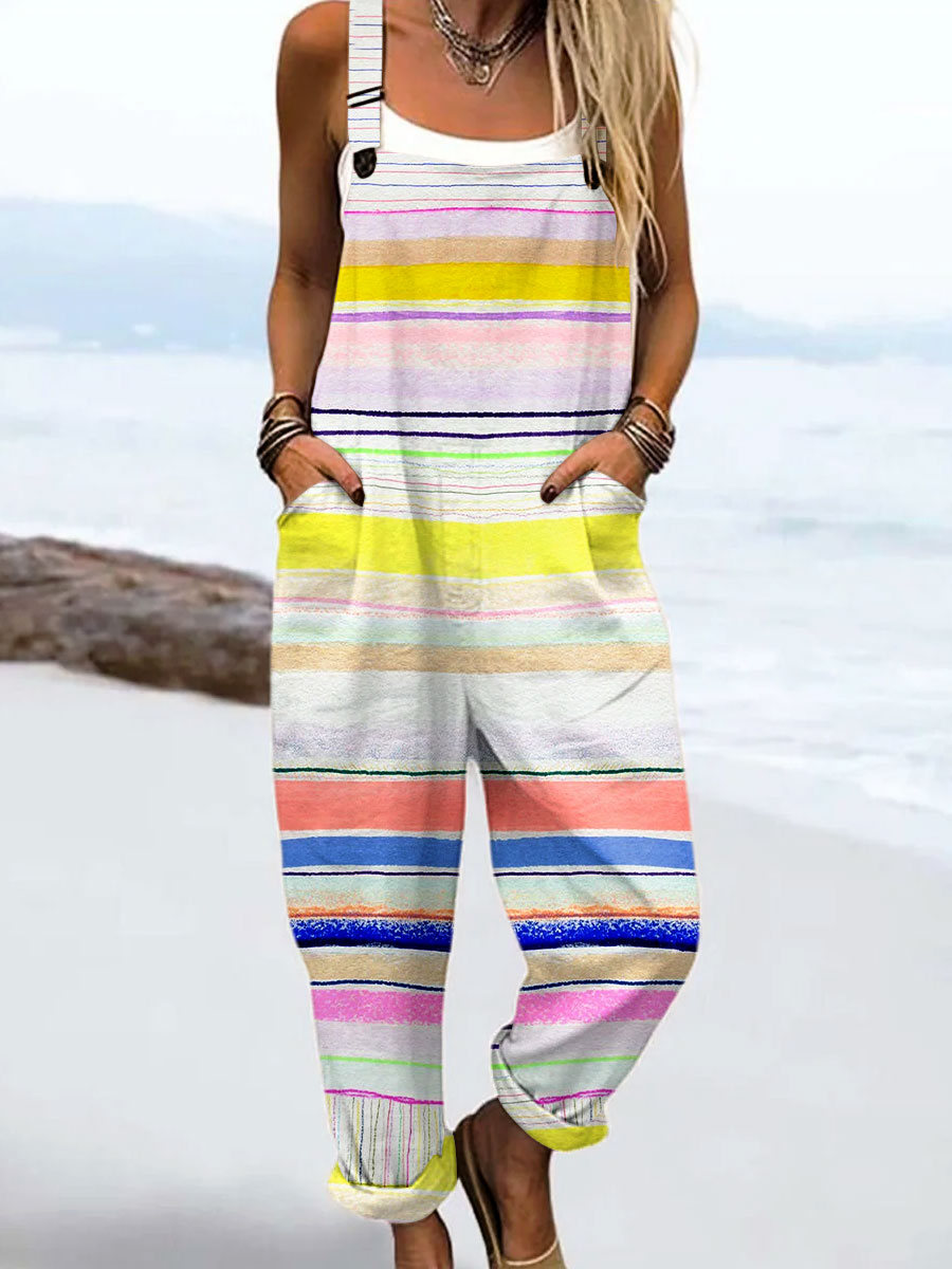 Women's Vintage Abstract Geometric Line Art Print Casual 100% Cotton Wide Leg Jumpsuit