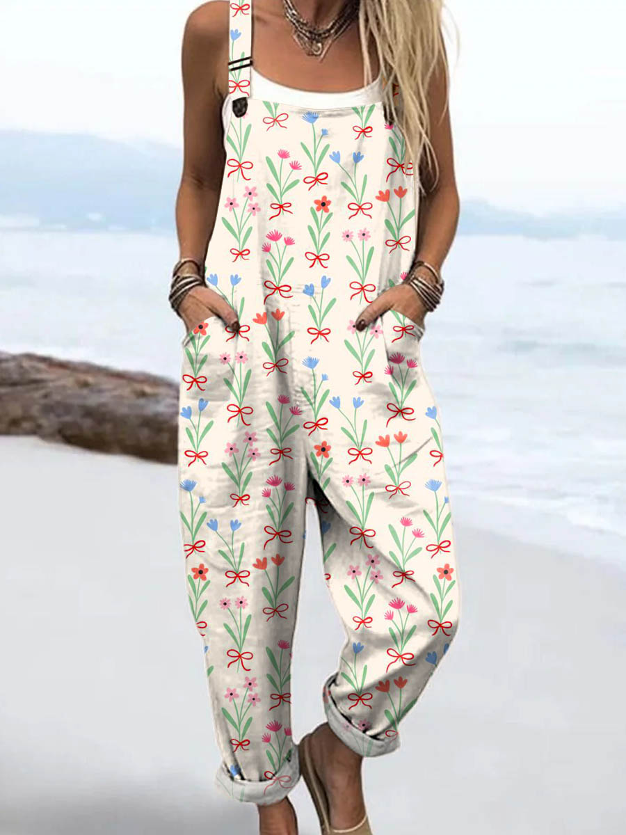 Women's Vintage Floral Pattern Art Print Casual 100% Cotton Wide Leg Jumpsuit