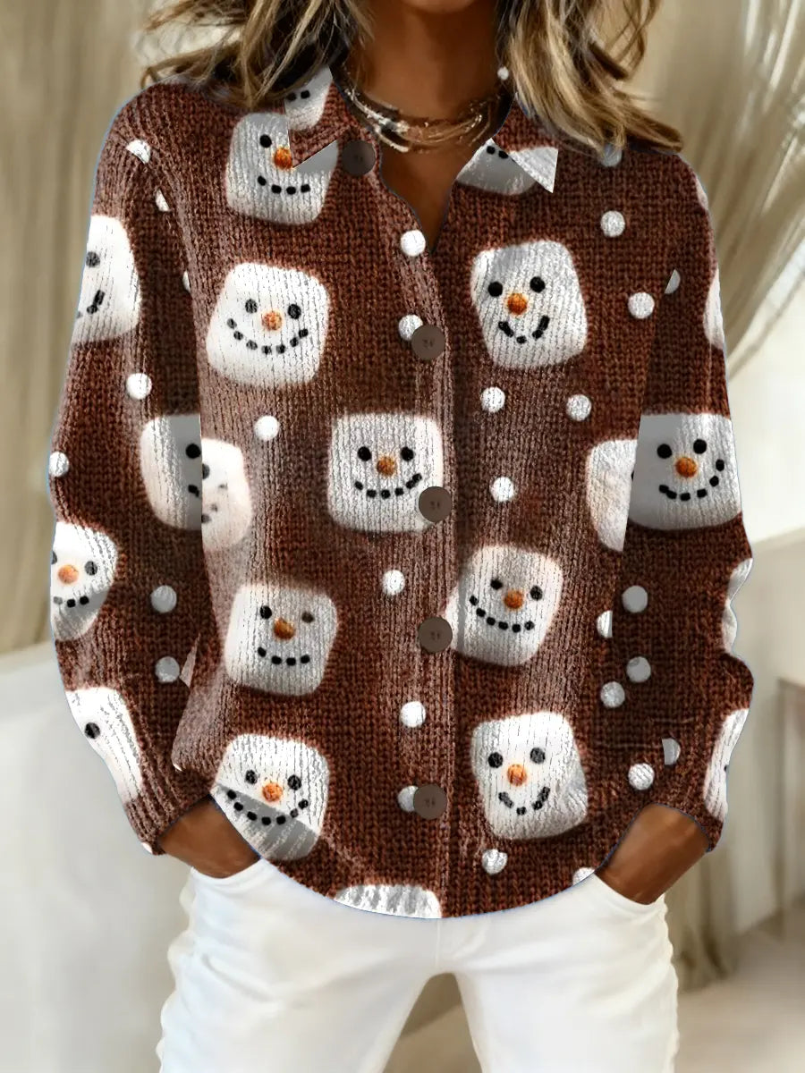 Women's Vintage Christmas Snowman Print Casual Sweater