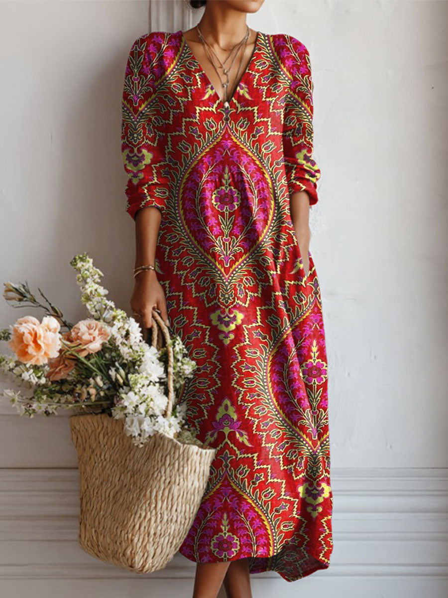 Women's Vintage Flower Art Print Linen Pocket Dress