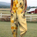 Women's Lovely Bees Art Print Casual 100% Cotton Wide Leg Jumpsuit