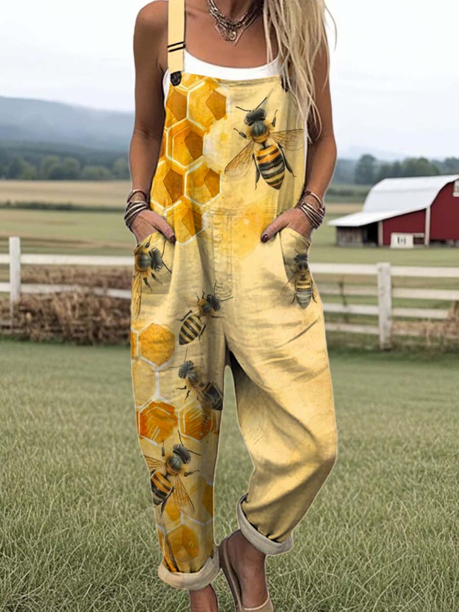 Women's Lovely Bees Art Print Casual 100% Cotton Wide Leg Jumpsuit