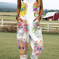 Women's Vintage Cute Farm Chicken Art Print Casual 100% Cotton Wide Leg Jumpsuit