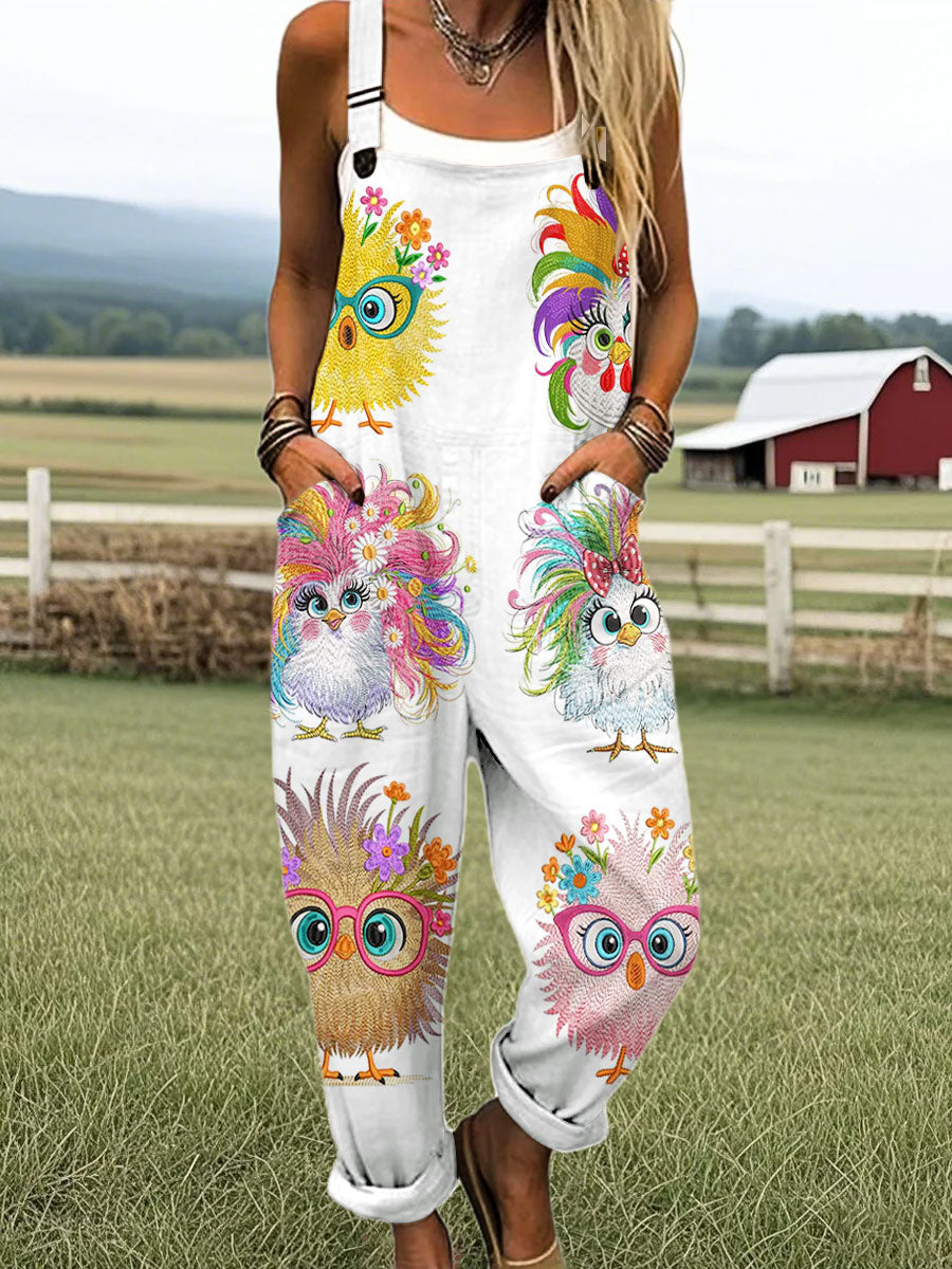 Women's Vintage Cute Farm Chicken Art Print Casual 100% Cotton Wide Leg Jumpsuit