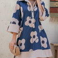 Artistic Lapel Large Flower Print Cotton and Linen Dress