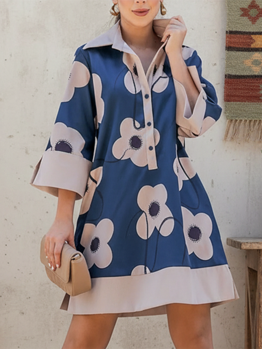 Artistic Lapel Large Flower Print Cotton and Linen Dress