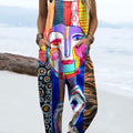 Women's Bright Abstract Funny Art Print Casual 100% Cotton Wide Leg Jumpsuit