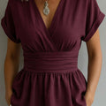 Women's V-neck Top With Cinched Waist And Pleated Hem