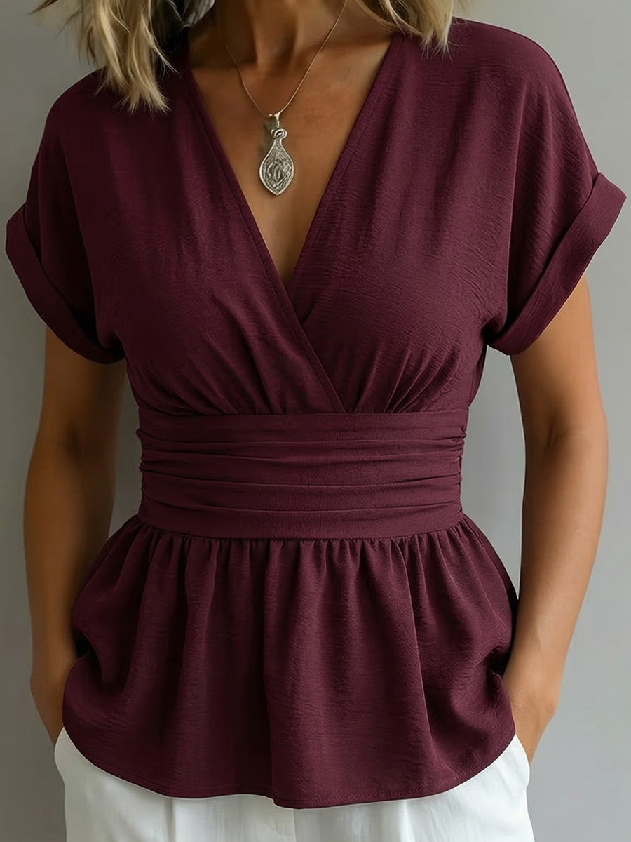 Women's V-neck Top With Cinched Waist And Pleated Hem