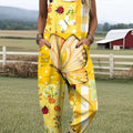 Women's Beautiful Butterfly Flowers Painting Art Print Casual 100% Cotton Wide Leg Jumpsuit