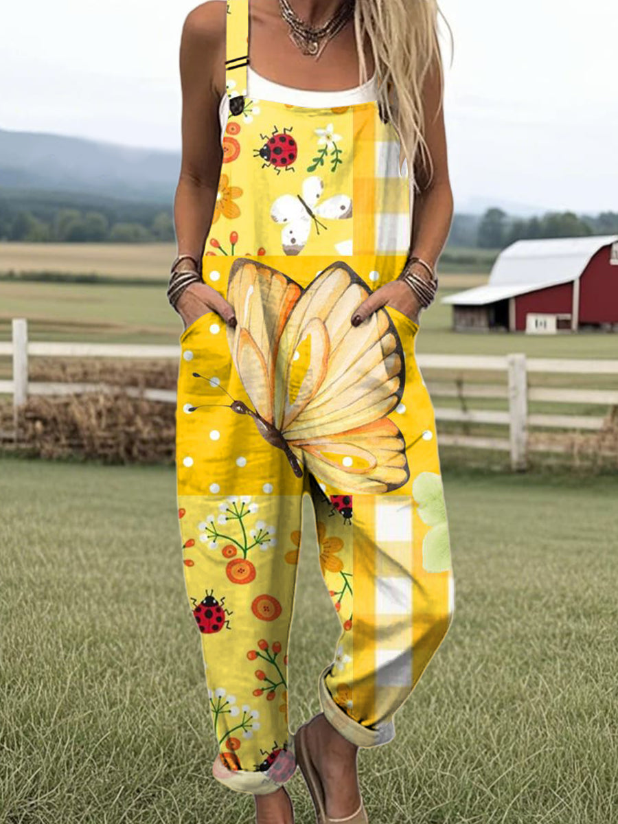 Women's Beautiful Butterfly Flowers Painting Art Print Casual 100% Cotton Wide Leg Jumpsuit