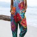 Women's Vintage Floral Patchwork Pattern Art Print Casual 100% Cotton Wide Leg Jumpsuit