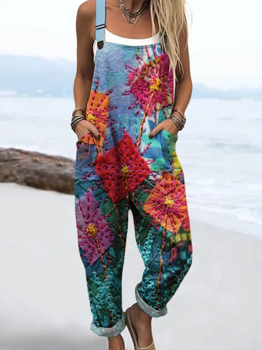 Women's Vintage Floral Patchwork Pattern Art Print Casual 100% Cotton Wide Leg Jumpsuit
