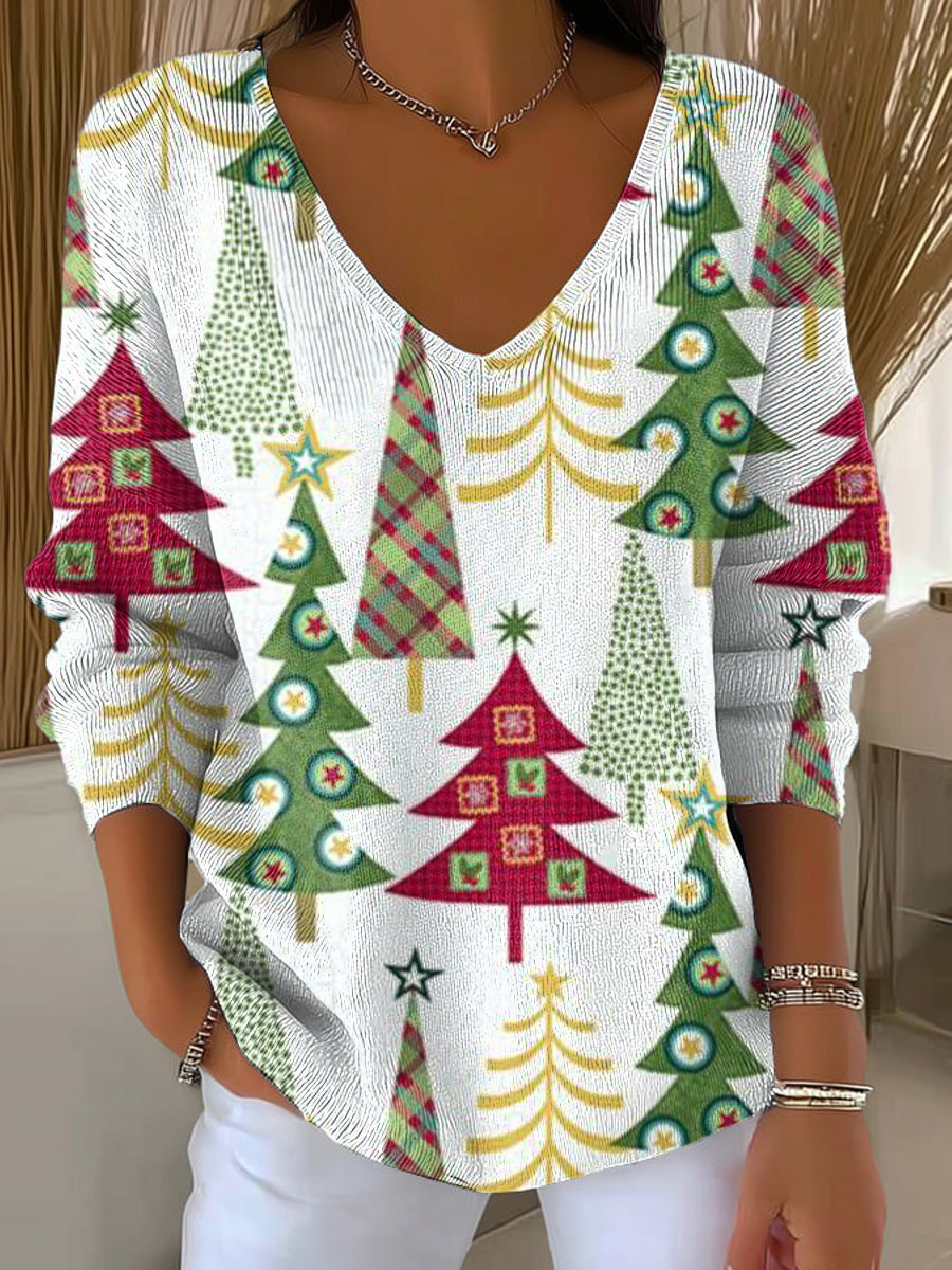 Women's Merry Christmas Colorful Christmas Tree Art Print Casual Pullover Sweater