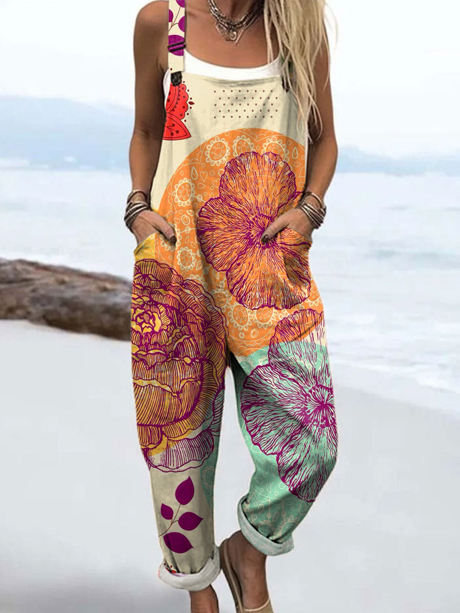 Women's Colorful Abstract Pattern Art Print Casual 100% Cotton Wide Leg Jumpsuit