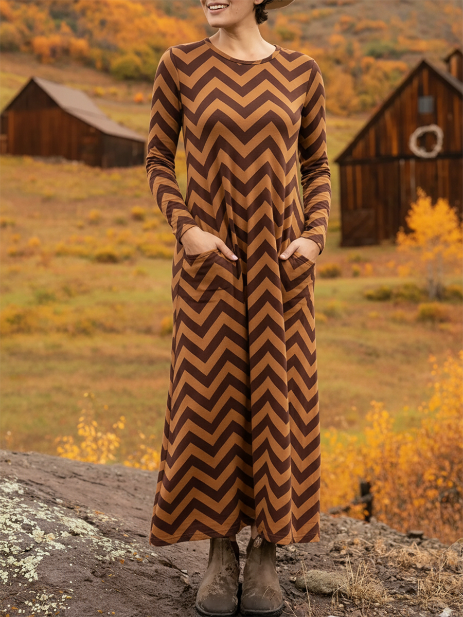 Women's Soft Herringbone Print Pocket Stretch Dress Brown