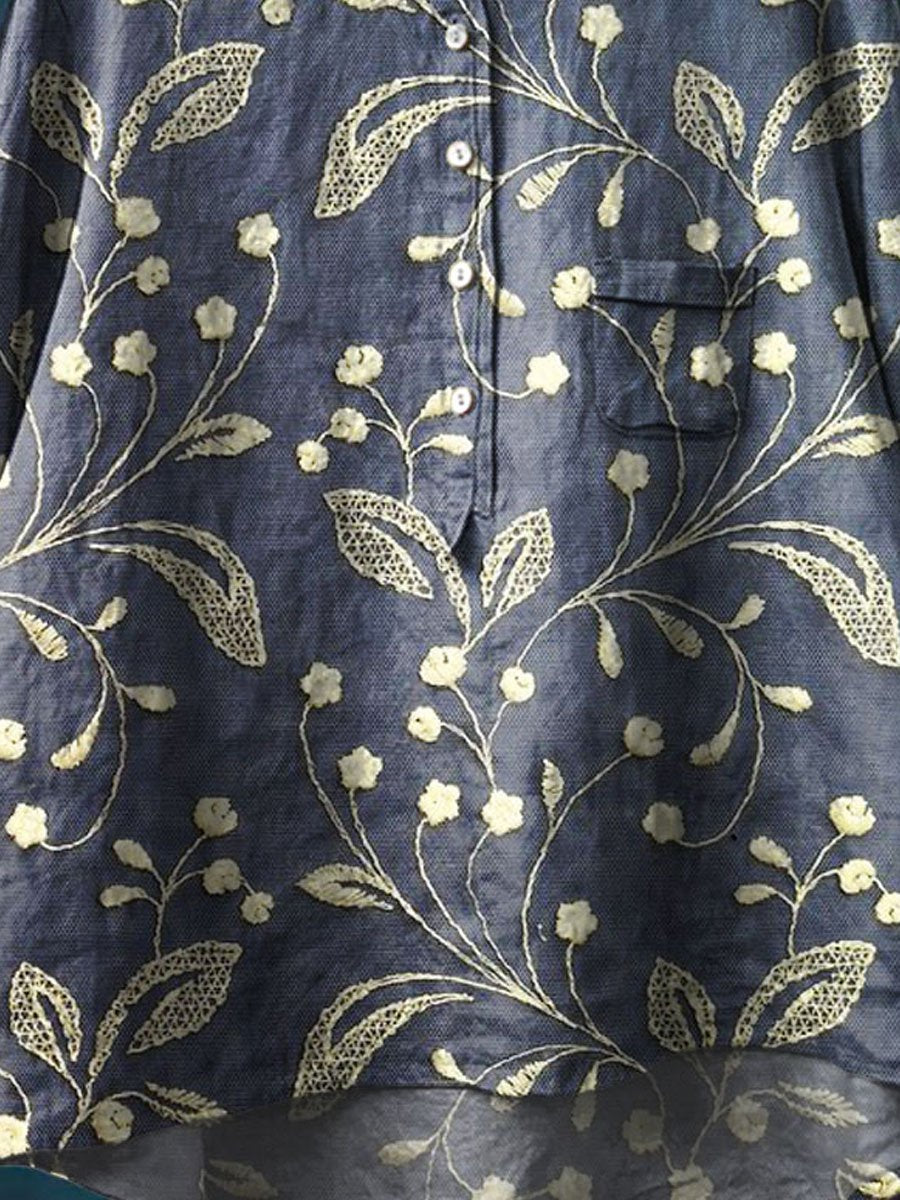 Women's Vintage Floral Art Print Casual Cotton And Linen Shirt
