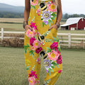 Women's Vintage Bee Floral Art Print Casual 100% Cotton Wide Leg Jumpsuit