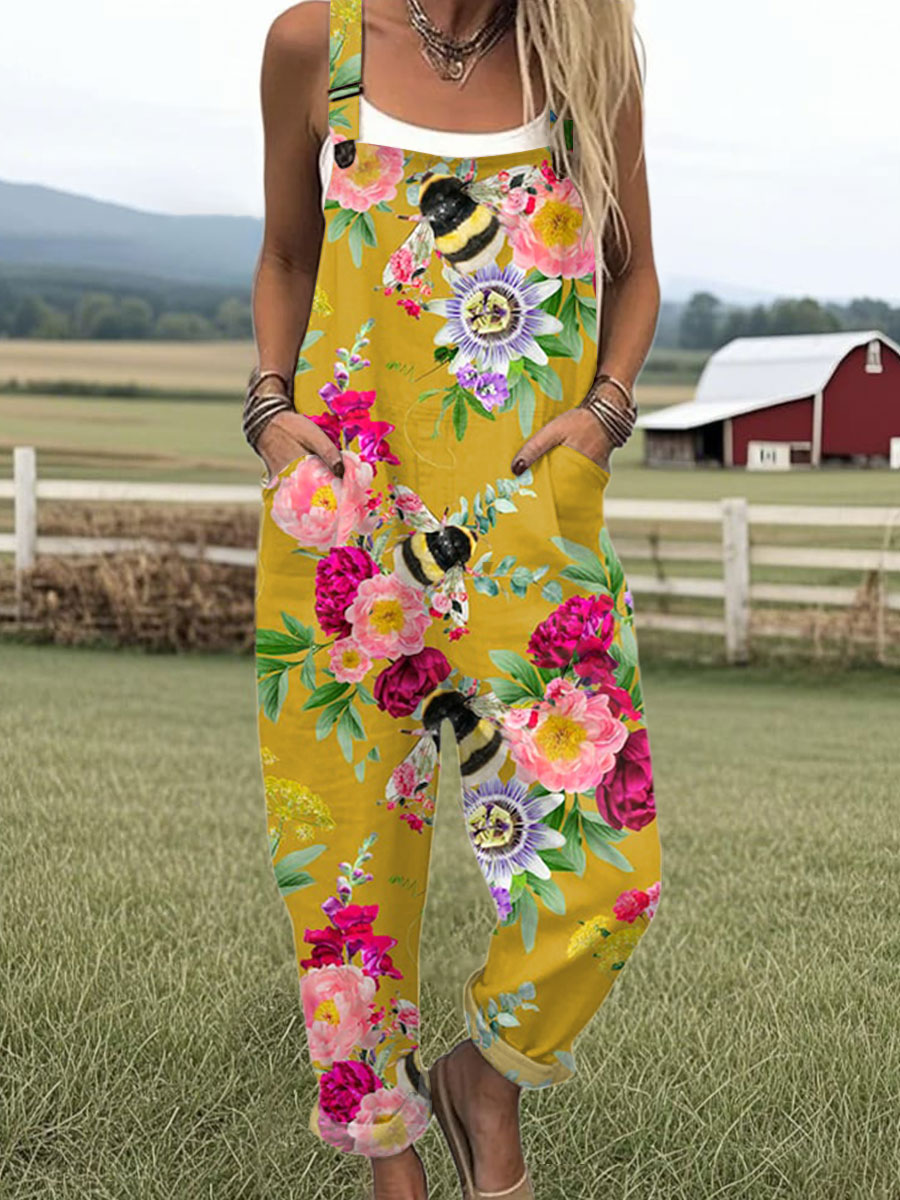 Women's Vintage Bee Floral Art Print Casual 100% Cotton Wide Leg Jumpsuit