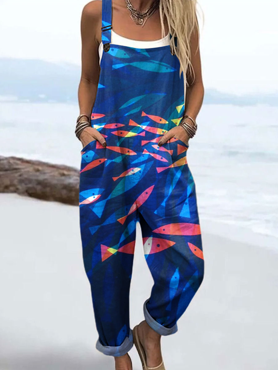 Women's Vintage Color Block Fish Art Print Casual 100% Cotton Wide Leg Jumpsuit