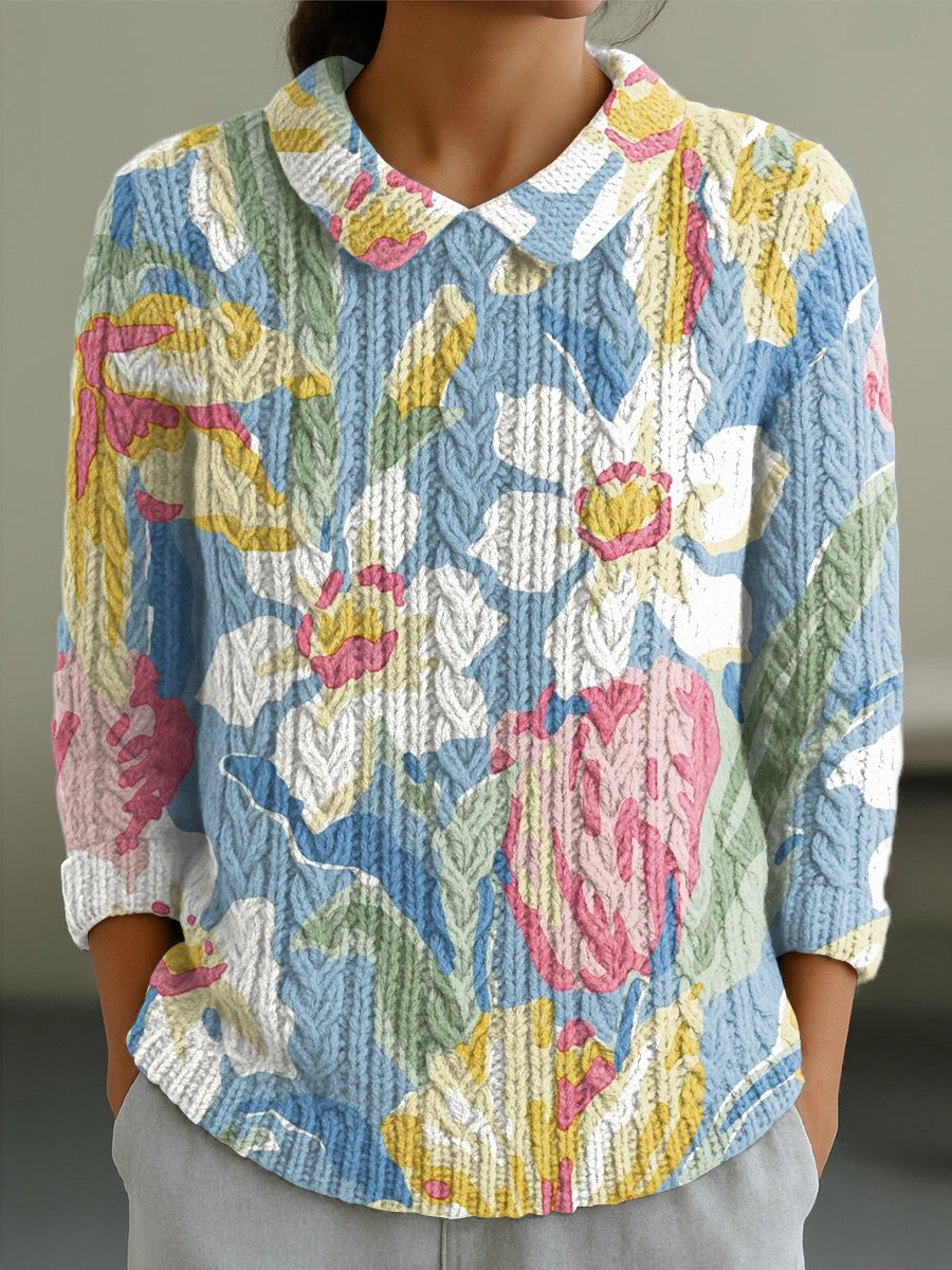 womens-beautiful-colorful-large-flower-painting-art-print-casual-peter-pan-collar-3-4-sleeve-sweater