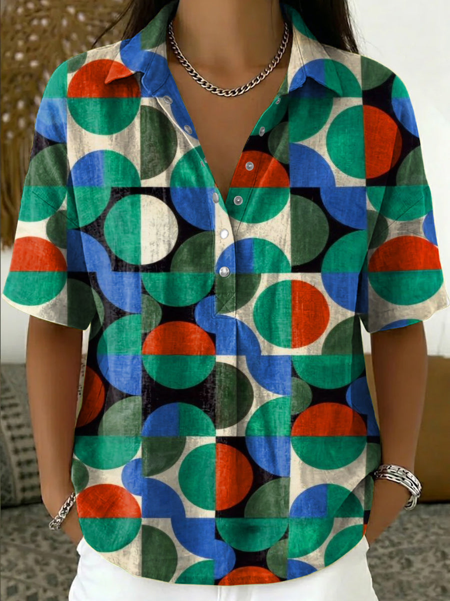 Retro Color-block Geometric Print Cotton-linen Short-sleeve Shirt