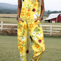 Women's Art Flower Butterfly Print Casual 100% Cotton Wide Leg Jumpsuit