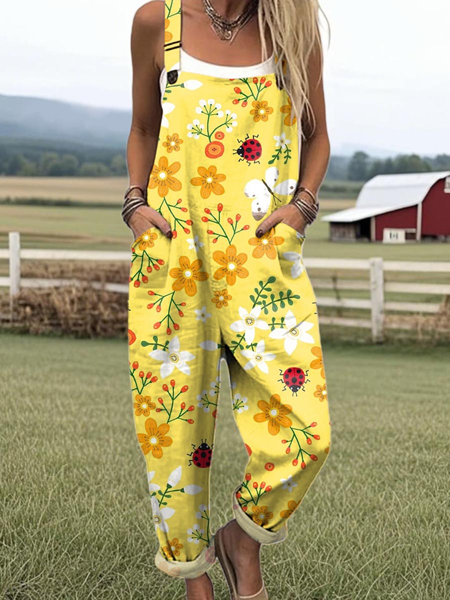 Women's Art Flower Butterfly Print Casual 100% Cotton Wide Leg Jumpsuit