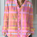Women's Vintage Abstract Plaid Art Print Casual Cotton And Linen Ruffle Shirt