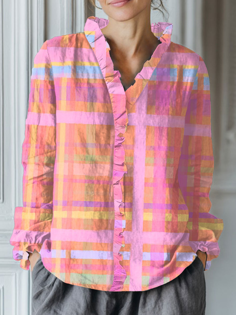 Women's Vintage Abstract Plaid Art Print Casual Cotton And Linen Ruffle Shirt